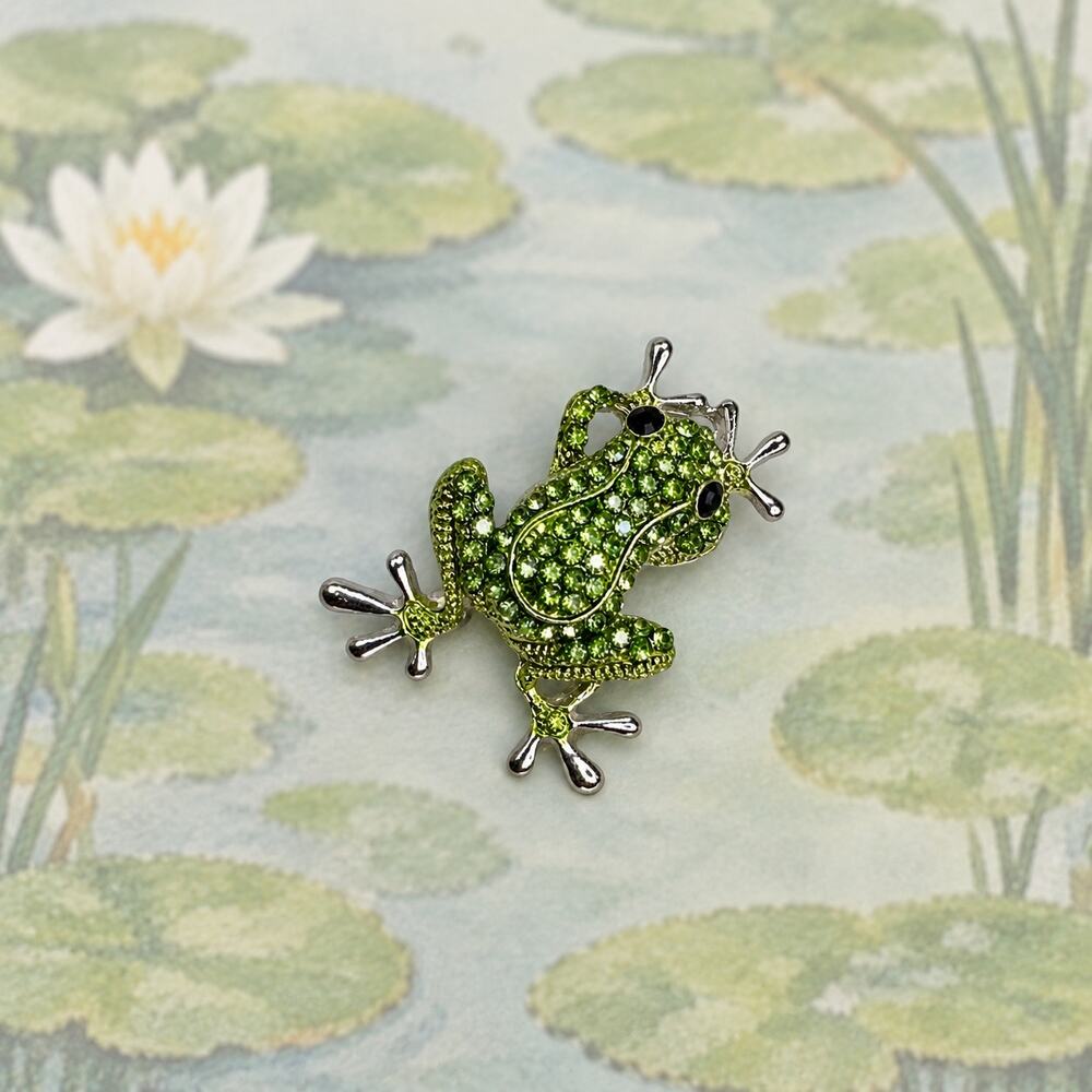 Green Rhinestone Frog Brooch Pin Silver Tone Lily Pad Nature Jewelry 2" CP183